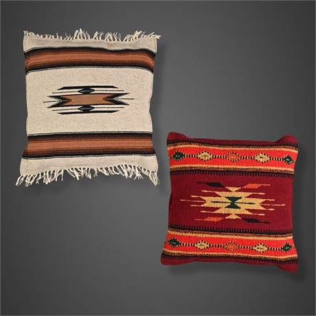 Pair of Taos Loomed Accent Pillows — One Signed El Paso Saddleblanket