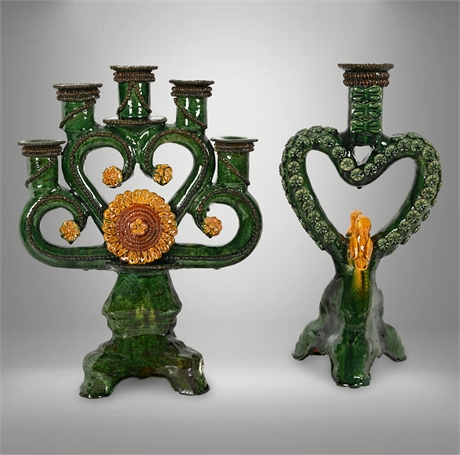 Mexican Sunflower Light & Love-Bird Heart Candleholders in Green Glaze