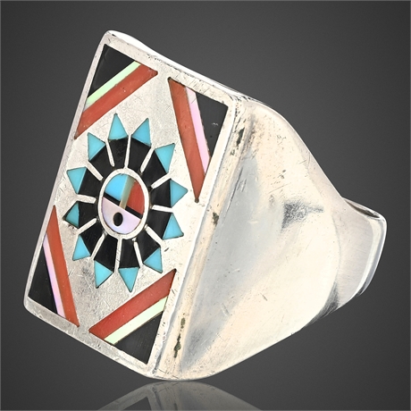 Vintage Zuni Sunface Ring by Fred & Lolita Natachu, Sterling Sz 12