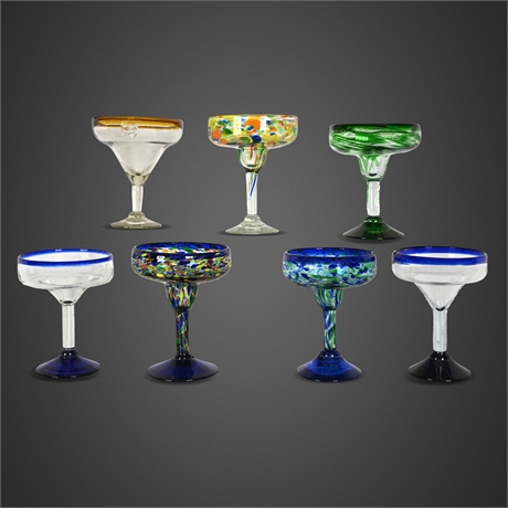 Hand Blown Margarita Glasses Set of 7 Multi Color Art Glass