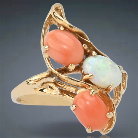 14K Coral and Irridescent Fire Opal