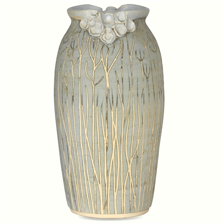 Art Deco Hand Thrown, Sculpted, Carved & Painted Ceramic Vase