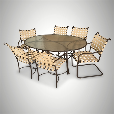 Brown Jordan Roma Patio Dining Set — Oval Glass Table & 6 Strap Chairs