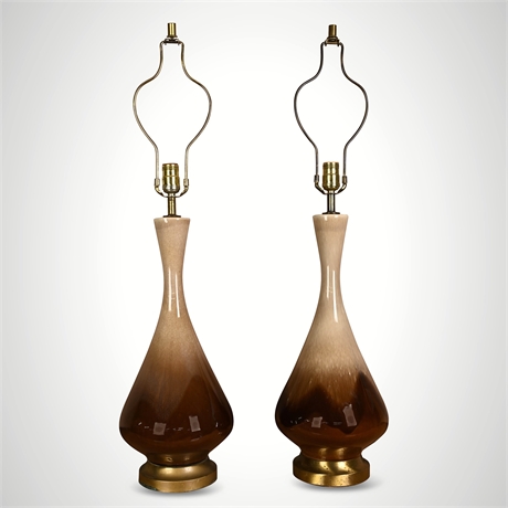 Pair Mid-Century Modern Drip Glaze Ceramic Genie Bottle Table Lamps