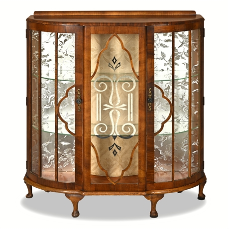 1940s Starcraft Art Deco Walnut Display Cabinet with Etched Glass & Upholstered