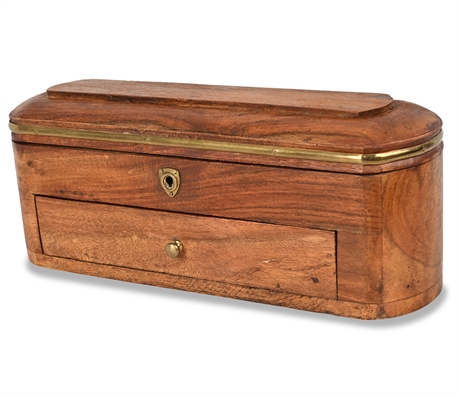 Vintage Wooden Box with Brass Trim, Lift-Top & Drawer