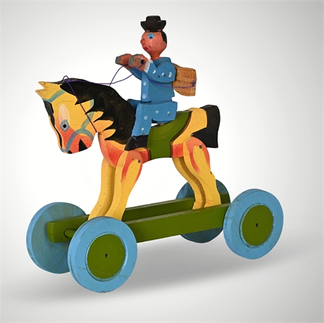 Vintage Folk Art Hand-Painted Wooden Horse & Jockey Pull Toy, Animated