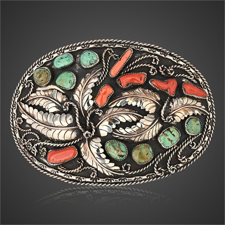 Monumental Jerry Roan Navajo Belt Buckle with Natural Turquoise & Coral, 155g