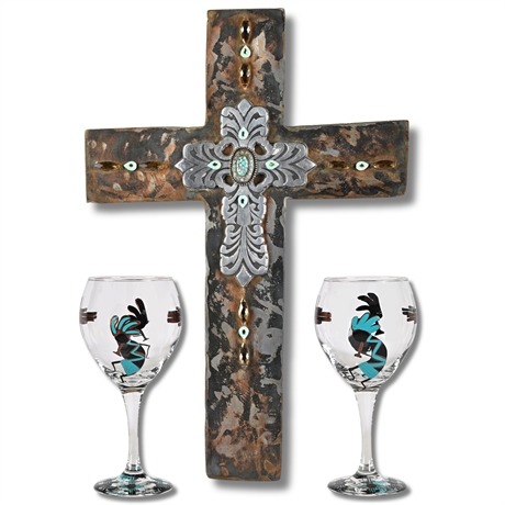 Kokopelli Glasses & Iron Turquoise Cross Set