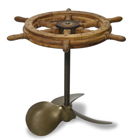 Vintage Brass Propeller and Captains Wheel Cocktail Table