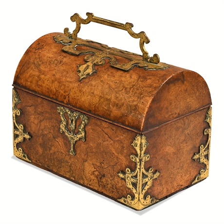 Victorian Burl Walnut Domed Casket with Engraved Gilt-Brass Gothic Strapwork