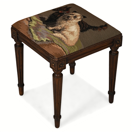 Needlepoint Terrier Footstool, Solid Wood, Turned Legs