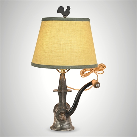 Keystone No. 20 Cast Iron Meat Grinder Converted to Table Lamp, Rooster Finial