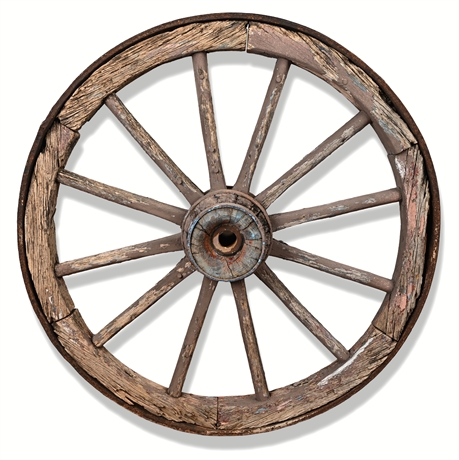 Antique Wooden Wagon Wheel with Iron Tire Rim – 36" Diameter Rustic Farm Display