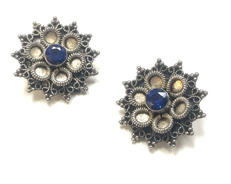 Sterling Silver Clip On Earrings with Blue Stone