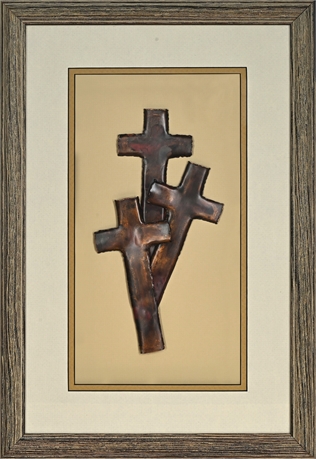 Bob Cooper “Three Crosses” Signed Copper Wall Sculpture Shadow Box