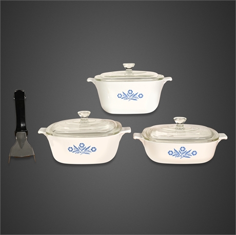 (3) Vintage Corning Ware Blue Cornflower Pan Set with Lids & Handle - USA