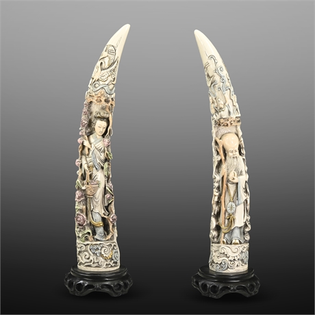 Chinese Faux Elephant Tusk Sculptures