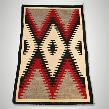 Navajo Wool Rug Hand Woven 59x37 — Stepped Diamond Red Black Gray Cream
