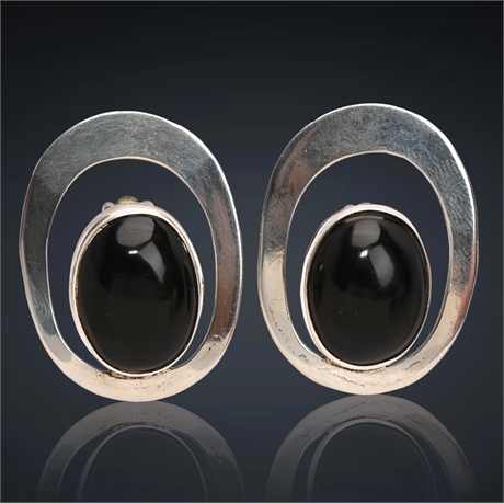Modernist Taxco Sterling Silver & Onyx Earrings