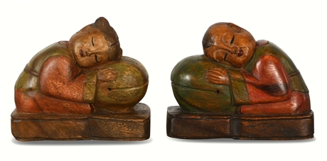 Pair Carved Wood Figures, Sleeping Children