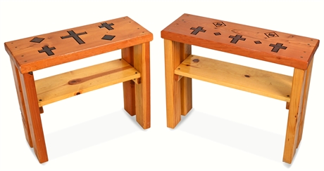 Pair Three Crosses Wood Plant Stands