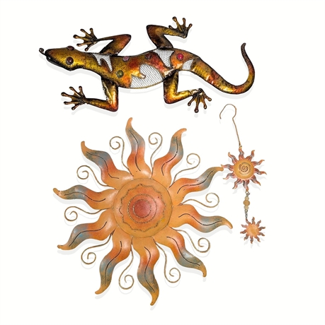 Metal Gecko & Radiant Sun Wall Art with Hanging Sun Charm, 3-Piece Set