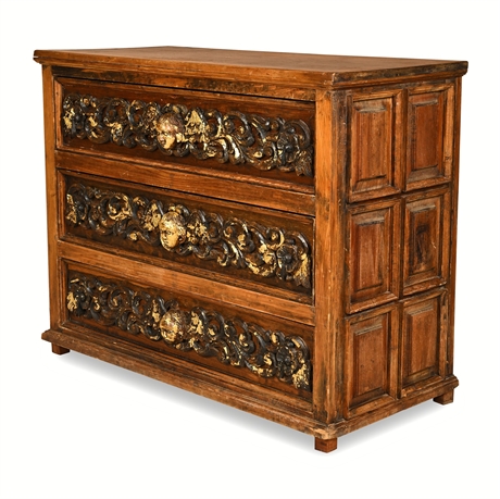 Spanish Baroque Carved & Parcel-Gilt Three-Drawer Chest with Winged Cherubs
