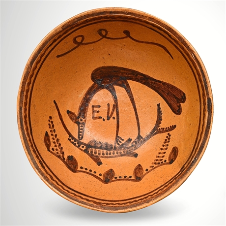 Esteban Valdez Redware Bowl, Hand-Painted Bird Motif, San Miguel de Allende