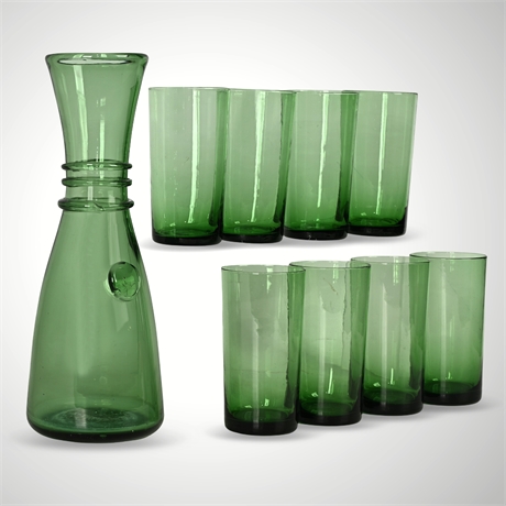 Empoli Italian Hand-Blown Green Glass Carafe & 8 Tumblers – Mid-Century