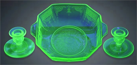 Vintage Uranium Glass Console Set – "Princess" Pattern Bowl & Candlestick Holder