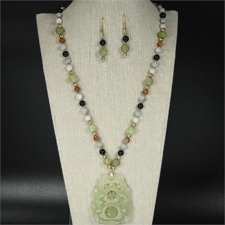Vintage Carved Jade Necklace & Earring Set