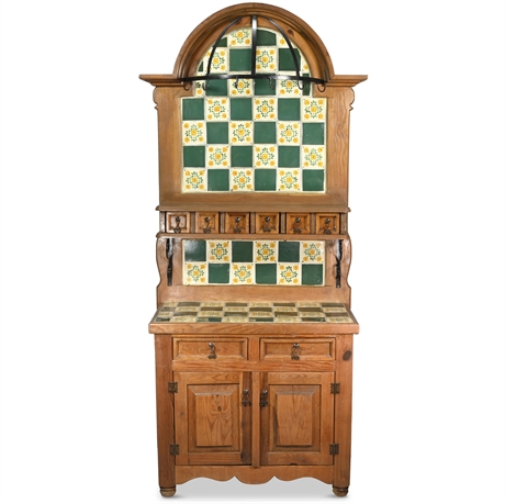 Santa Fe Tiled Wood Bakers Rack with Green and White Tiles