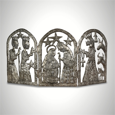 Haitian Croix-des-Bouquets Steel Drum Nativity Triptych, Signed