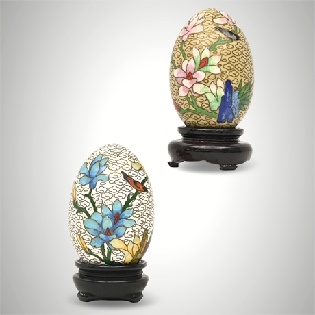 Pair of Chinese Cloisonné Enamel Eggs with Wooden Stands – Floral Motifs