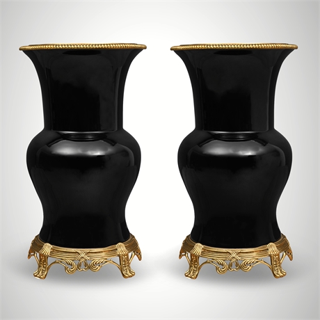 Ebony Porcelain Ormolu Mounted Vases 19" Neoclassical Style