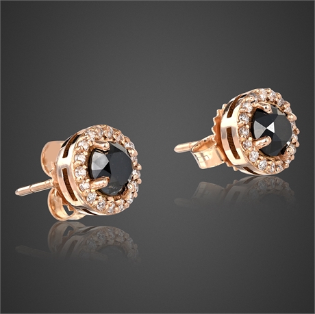 18K Rose Gold Black Diamond Halo Stud Earrings 1.23 CTW