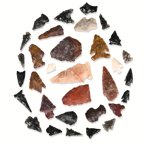 Authentic Lot of 33 Native American Arrowheads – Obsidian, Chert, Quartz