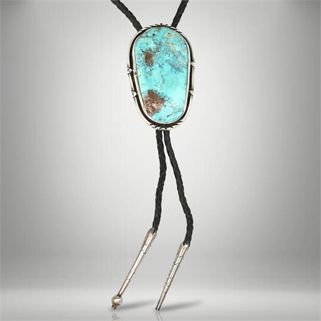 Vintage Navajo Sterling Silver & Turquoise Bolo Tie with Braided Leather Cord