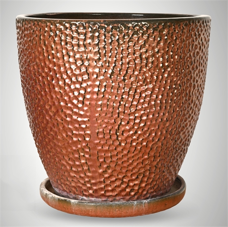 Large Textured Copper-Glazed Ceramic Planter w/ Saucer