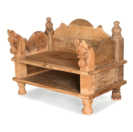 Indian Carved Mango Wood Hindu Shrine — Rajasthani Horse Heads, Sunburst