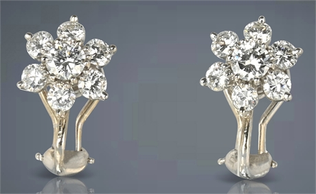 Vintage 14K White Gold Diamond Floral Clip-On Earrings