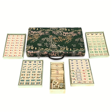 Vintage Chinese Mah Jongg Set in Fabric Case with Tiles, Sticks & Accessories