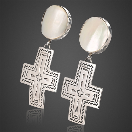Burt Francisco Navajo Sterling Mother of Pearl Cross Earrings