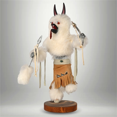 Wolf Kachina Doll by Rosita C. — Hand-Carved, Fur & Leather, Signed Navajo-Style