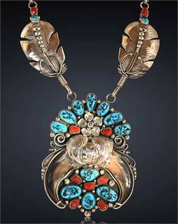 Navajo/Apache Sterling Silver Turquoise & Coral Necklace by Mark Apachito