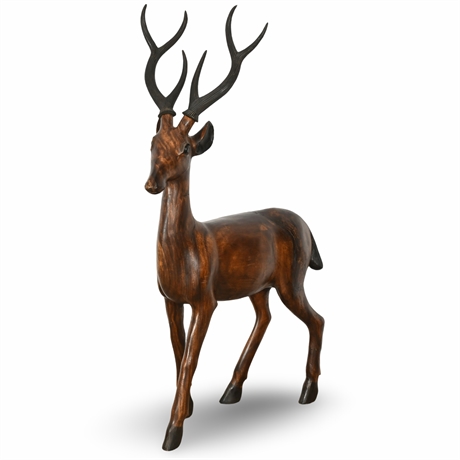 Majestic Hand-Carved Wooden Deer Sculpture