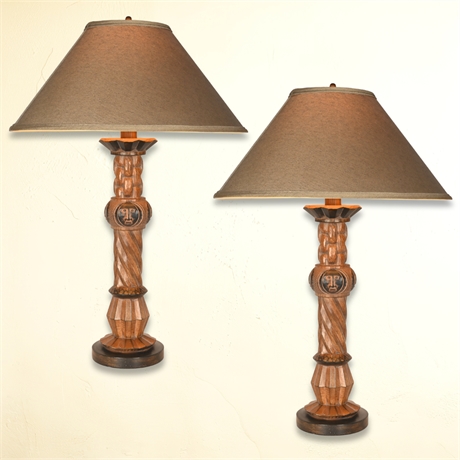 Vintage Tribal Motif Cast Resin Table Lamps, Hand-Painted Finish