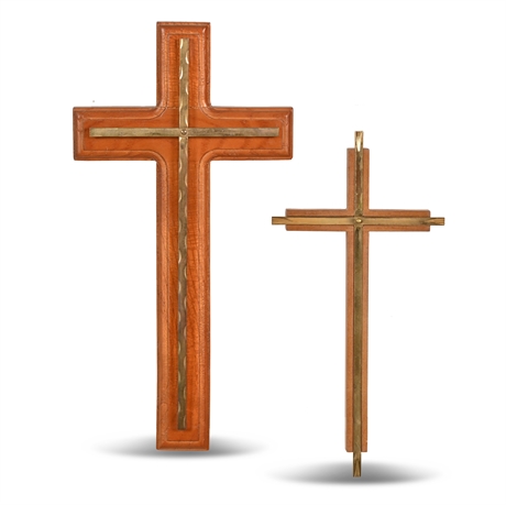 Pair Wood & Brass Crosses