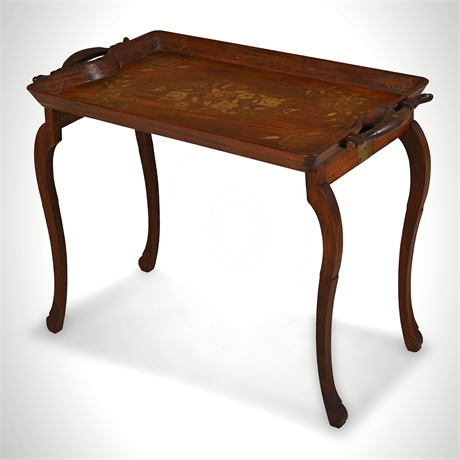 Antique Mahogany Brass & Copper Inlaid Tray-Top Table with Folding Legs